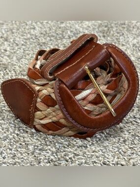 VTG Italy Mixed Media Belt Women S Brown Leather Fabric Braided Boho Wide 31"